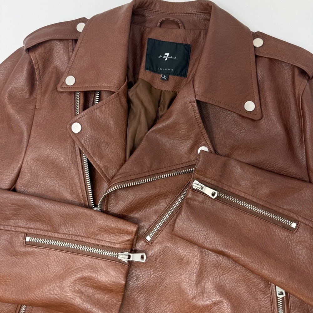 7 For All Mankind Brown Vegan Leather‎ Moto Biker Jacket Womens Large